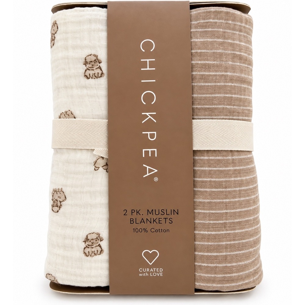 Chickpea 2 Pk Muslin Swaddle Blankets 100% Cotton Sheep Stripe Brown Cream 36x40